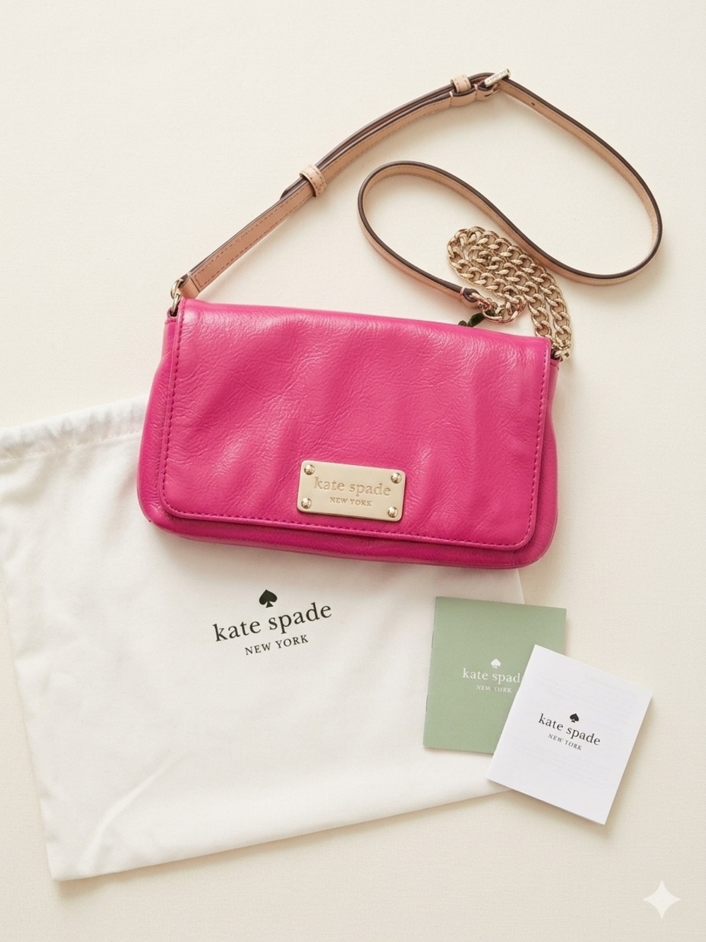 kate spade Vibrant Pink Leather Crossbody with Gold Chain and Tan Strap